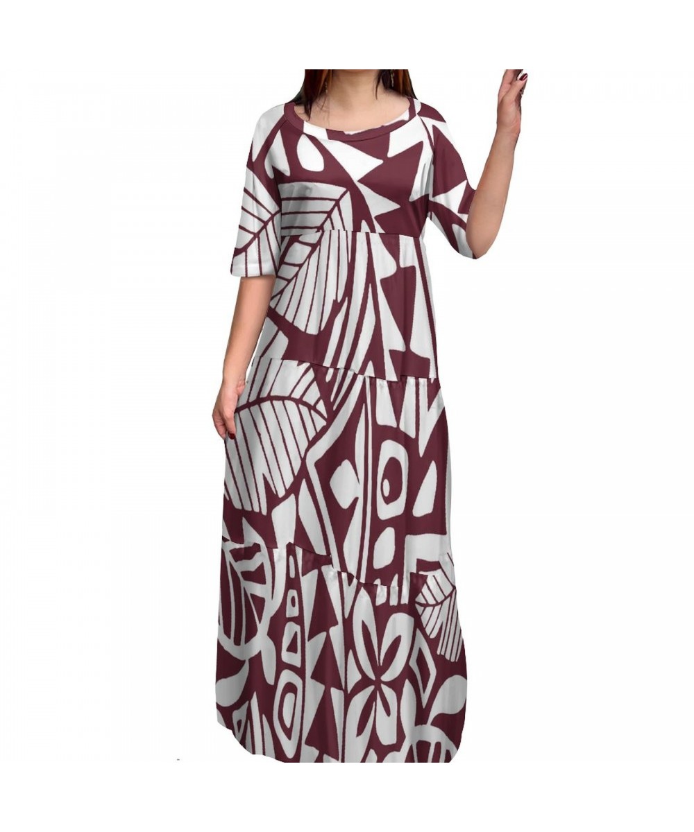 Wholesale Price Samoan Tribe Lady Dresses Custom Hawaiian Flower Polynesian Print Half Sleeve Big Size Woman Long Bodycon Dre...