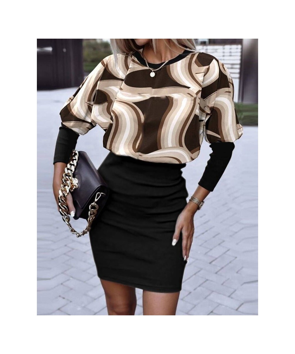 Vintage Women's Autumn Winter New Elegant Printed Round Collar Long Sleeve Dress Casual Tunic Slim Pullover Fashion Party Dre...