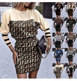 Vintage Women's Autumn Winter New Elegant Printed Round Collar Long Sleeve Dress Casual Tunic Slim Pullover Fashion Party Dre...