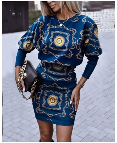 Vintage Women's Autumn Winter New Elegant Printed Round Collar Long Sleeve Dress Casual Tunic Slim Pullover Fashion Party Dre...