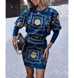 Vintage Women's Autumn Winter New Elegant Printed Round Collar Long Sleeve Dress Casual Tunic Slim Pullover Fashion Party Dre...