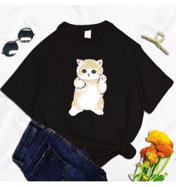 Funny Cat Shark Cat Cute print ladies T-shirt casual basis O-collar Black white shirt short sleeve ladies Tshirt $18.39 - Top...