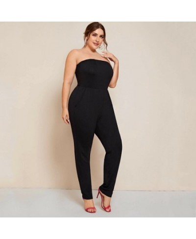 Plus Size Strapless Tube Jumpsuits Women Solid Black Pocket Sides Sexy Elegant Fashion Summer Spring Jumpsuits Rompers 5XL 6X...