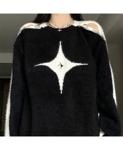 Retro Contrast Color Star Sweater Sexy Slash Neck Off Shoulder Long Sleeve Tops 2023 New Autumn Harajuku Fashion Y2k Jumpers ...