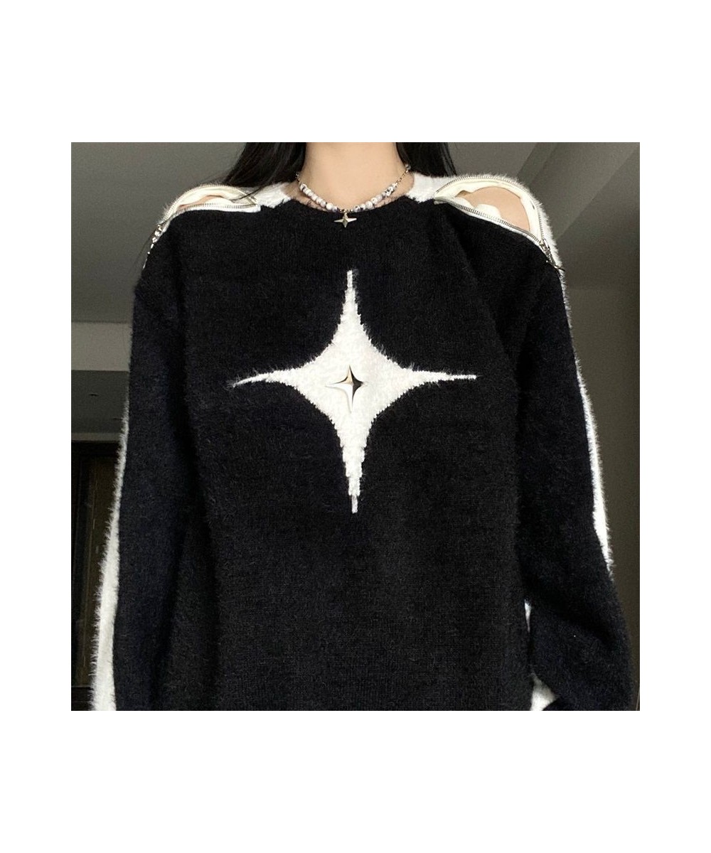 Retro Contrast Color Star Sweater Sexy Slash Neck Off Shoulder Long Sleeve Tops 2023 New Autumn Harajuku Fashion Y2k Jumpers ...