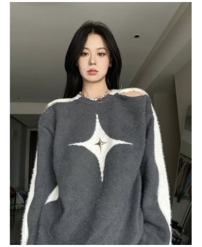 Retro Contrast Color Star Sweater Sexy Slash Neck Off Shoulder Long Sleeve Tops 2023 New Autumn Harajuku Fashion Y2k Jumpers ...