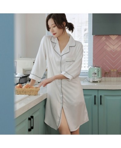 Shirt Pajamas Robes White Womens Negligee V-Neck Top Gown Nightgown Summer Sleepwear Turn-down Collar Sleepshirts Dress $33.7...