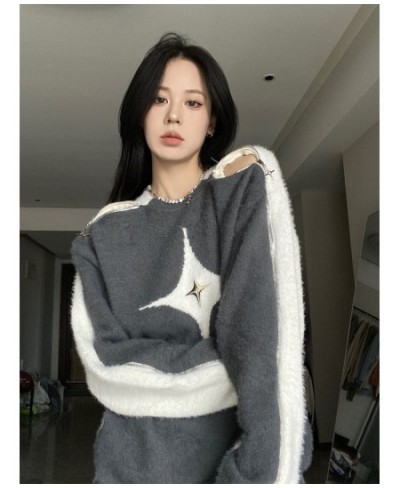 Retro Contrast Color Star Sweater Sexy Slash Neck Off Shoulder Long Sleeve Tops 2023 New Autumn Harajuku Fashion Y2k Jumpers ...