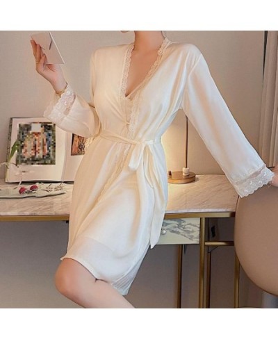 Twinset Robe Set V-Neck Women Bathrobe Gown Satin Lace Sleepwear Nightgown Loungewear Chemise Nightsuits Spring Kimono Homewe...