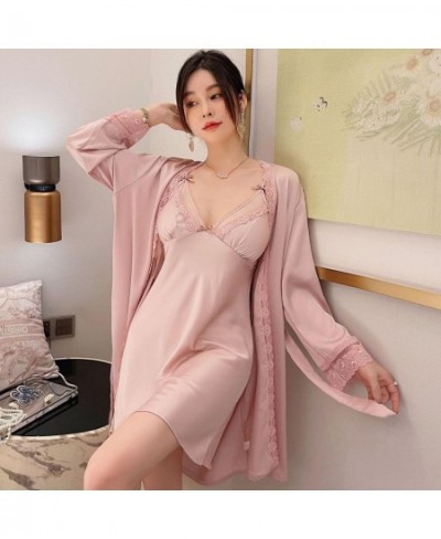 Twinset Robe Set V-Neck Women Bathrobe Gown Satin Lace Sleepwear Nightgown Loungewear Chemise Nightsuits Spring Kimono Homewe...