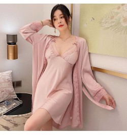 Twinset Robe Set V-Neck Women Bathrobe Gown Satin Lace Sleepwear Nightgown Loungewear Chemise Nightsuits Spring Kimono Homewe...