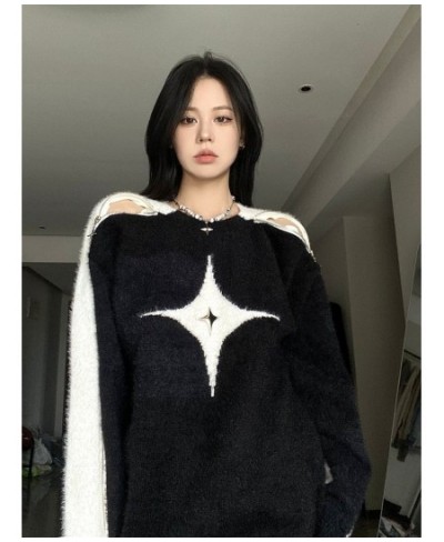 Retro Contrast Color Star Sweater Sexy Slash Neck Off Shoulder Long Sleeve Tops 2023 New Autumn Harajuku Fashion Y2k Jumpers ...