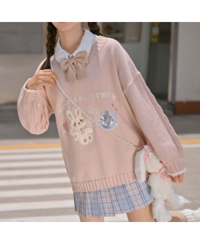 Deeptown Korean Style Kawaii Cartoon Printed Knitted Sweater Women Preppy Fashion Pink Long Sleeve Oversize Jumper Female Top...