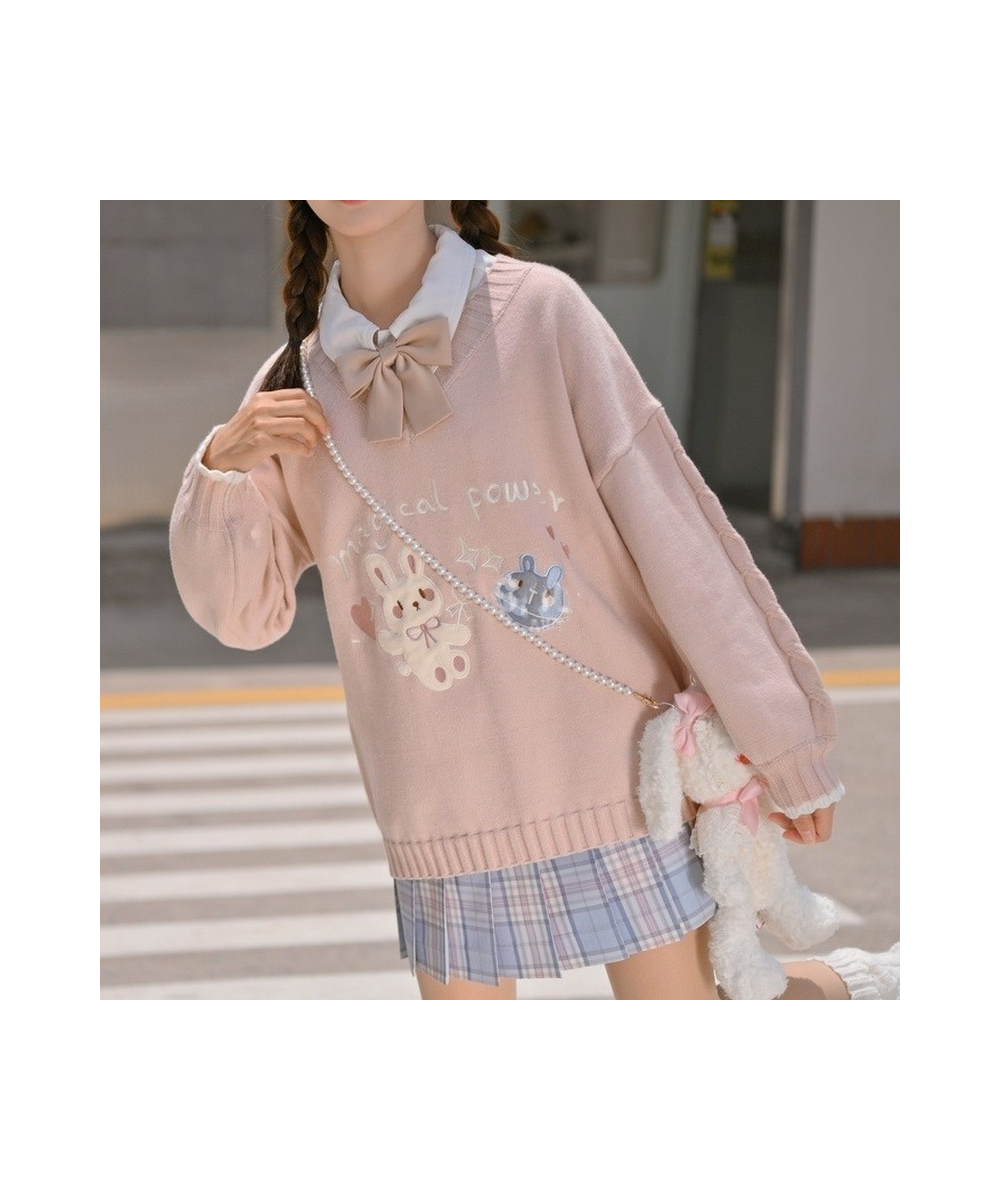 Deeptown Korean Style Kawaii Cartoon Printed Knitted Sweater Women Preppy Fashion Pink Long Sleeve Oversize Jumper Female Top...