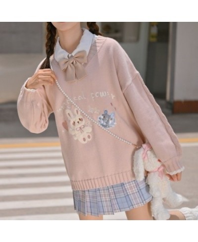 Deeptown Korean Style Kawaii Cartoon Printed Knitted Sweater Women Preppy Fashion Pink Long Sleeve Oversize Jumper Female Top...