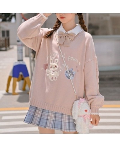 Deeptown Korean Style Kawaii Cartoon Printed Knitted Sweater Women Preppy Fashion Pink Long Sleeve Oversize Jumper Female Top...