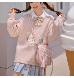 Deeptown Korean Style Kawaii Cartoon Printed Knitted Sweater Women Preppy Fashion Pink Long Sleeve Oversize Jumper Female Top...