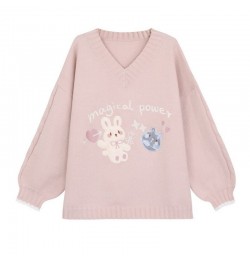 Deeptown Korean Style Kawaii Cartoon Printed Knitted Sweater Women Preppy Fashion Pink Long Sleeve Oversize Jumper Female Top...