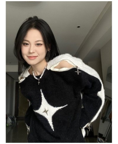 Retro Contrast Color Star Sweater Sexy Slash Neck Off Shoulder Long Sleeve Tops 2023 New Autumn Harajuku Fashion Y2k Jumpers ...