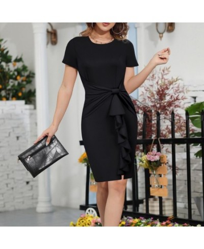 Women Ruffle Dress Office Lady Short Sleeve Bodycon Dress Crew Neck Hips-wrapped Skirts Female Trendy Solid Unlined Dress $39...