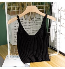 Women Sexy Knitted Crop Top Crop Sleeveless Cropped Vest Slim Sling Knitted Tank Top V-neck Plain Camisole High Elastic Camis...