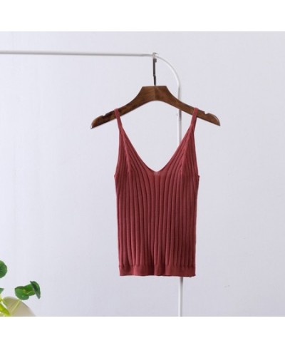 Women Sexy Knitted Crop Top Crop Sleeveless Cropped Vest Slim Sling Knitted Tank Top V-neck Plain Camisole High Elastic Camis...