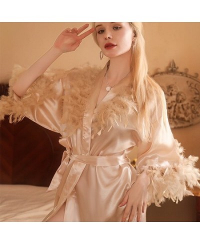 Feather Bride Bridesmaid Wedding Robe Sexy Short Bathrobe Nightgown Spring Summer New Female Sleepwear Loose Satin Home Dress...