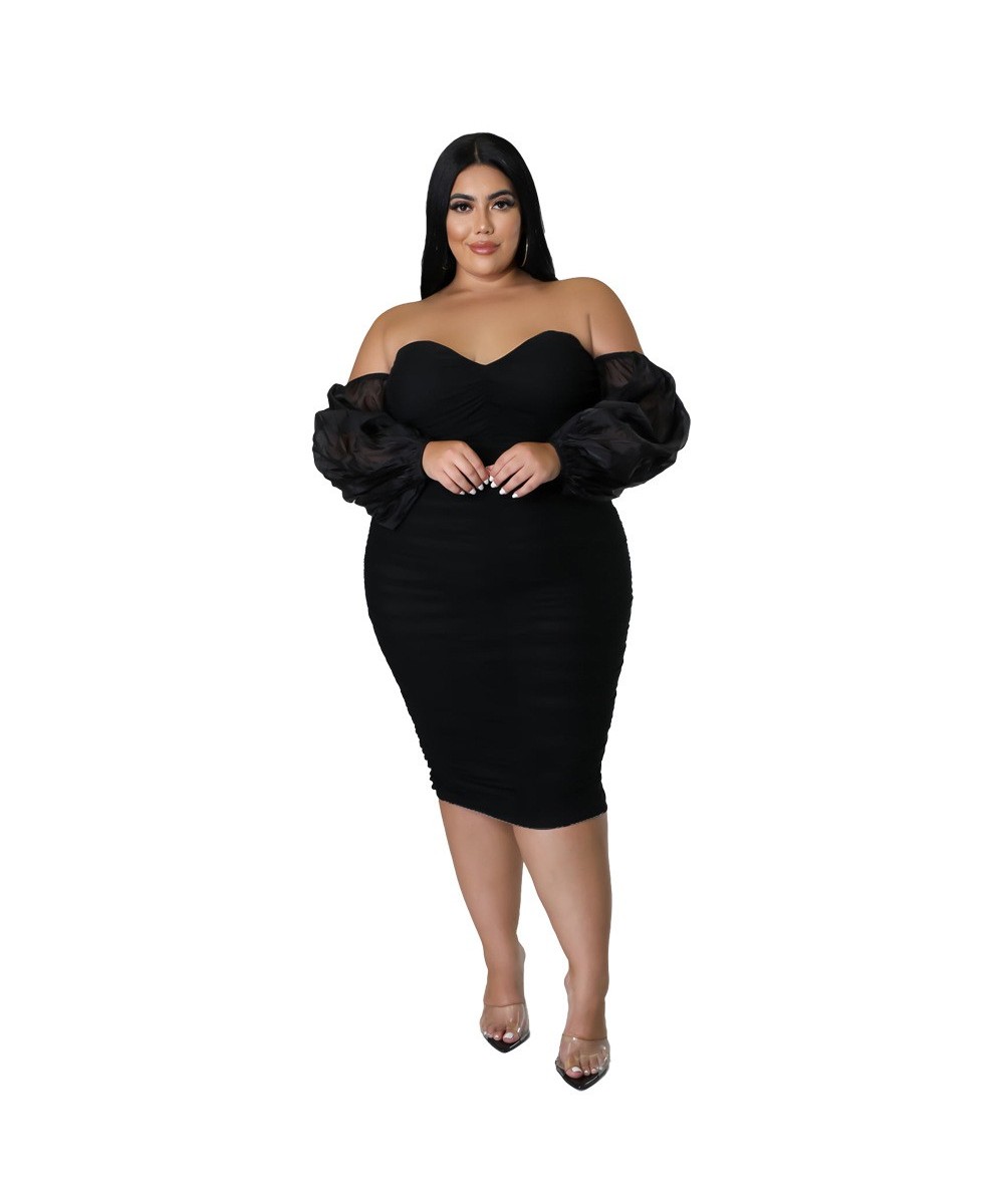 Solid Color Off Shoulder Mesh Sleeve Bodycon Dress Pleated Sexy Plus Size Evening Gown Dresses for Women Wholesale $41.90 - P...