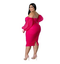 Solid Color Off Shoulder Mesh Sleeve Bodycon Dress Pleated Sexy Plus Size Evening Gown Dresses for Women Wholesale $41.90 - P...