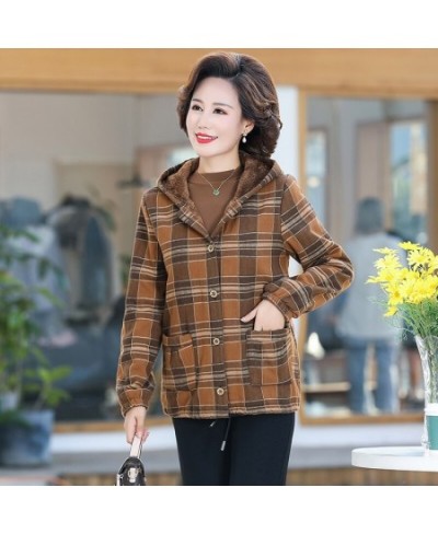 Middle-aged & Elderly Women's Coat Winter Jackets Thin Light Warm Plus Velvet Cotton Linen Lattice Jacket Outwear Mother Dres...