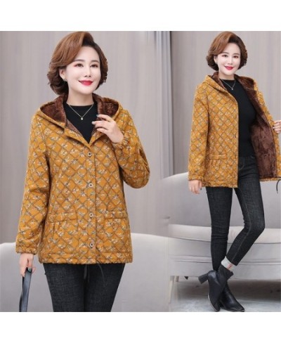 Middle-aged & Elderly Women's Coat Winter Jackets Thin Light Warm Plus Velvet Cotton Linen Lattice Jacket Outwear Mother Dres...