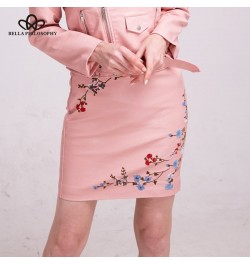 Autumn Winter Women Skirt Female Embroidery PU Leather Zipper Mini Skirt Ladies Fashion Vintage Pencil Skirt $37.67 - Skirts