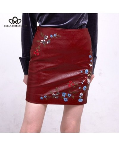 Autumn Winter Women Skirt Female Embroidery PU Leather Zipper Mini Skirt Ladies Fashion Vintage Pencil Skirt $37.67 - Skirts