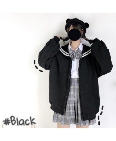 Kawaii Navy Zip Up Hoodie Black Sailor Collar Sweatshirt British Style Lolita Coat Long Sleeve Cute Tops Soft Girl Kpop $42.1...