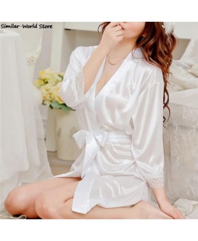 Deep V Neck Three Quarter Length Sleeve Women Satin Nightgown Sexy Lace Sleepwear Strap Ladies Silk Nightwear Lingerie Dress ...