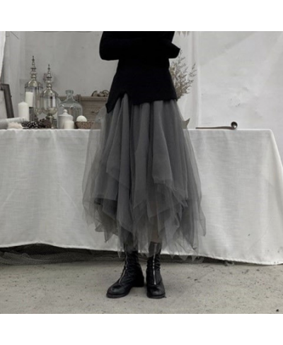 Gothic Tulle Skirts Vintage Punk Long Irregular Pleasted Streetwear Elastic High Waist A-Line Mesh Midi Skirts Fashion $33.54...
