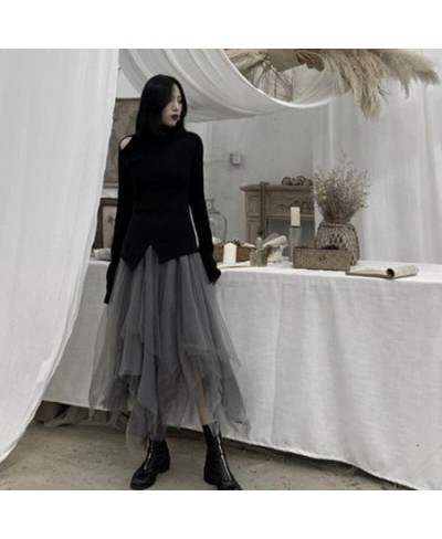 Gothic Tulle Skirts Vintage Punk Long Irregular Pleasted Streetwear Elastic High Waist A-Line Mesh Midi Skirts Fashion $33.54...