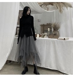 Gothic Tulle Skirts Vintage Punk Long Irregular Pleasted Streetwear Elastic High Waist A-Line Mesh Midi Skirts Fashion $33.54...