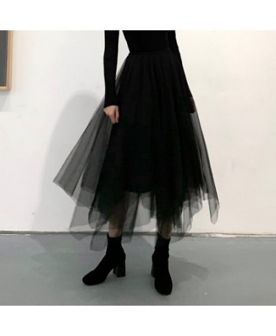 Gothic Tulle Skirts Vintage Punk Long Irregular Pleasted Streetwear Elastic High Waist A-Line Mesh Midi Skirts Fashion $33.54...