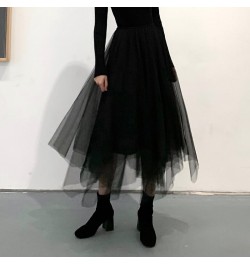 Gothic Tulle Skirts Vintage Punk Long Irregular Pleasted Streetwear Elastic High Waist A-Line Mesh Midi Skirts Fashion $33.54...