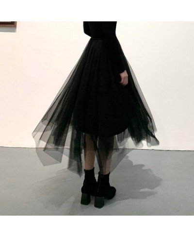 Gothic Tulle Skirts Vintage Punk Long Irregular Pleasted Streetwear Elastic High Waist A-Line Mesh Midi Skirts Fashion $33.54...