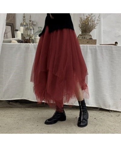 Gothic Tulle Skirts Vintage Punk Long Irregular Pleasted Streetwear Elastic High Waist A-Line Mesh Midi Skirts Fashion $33.54...