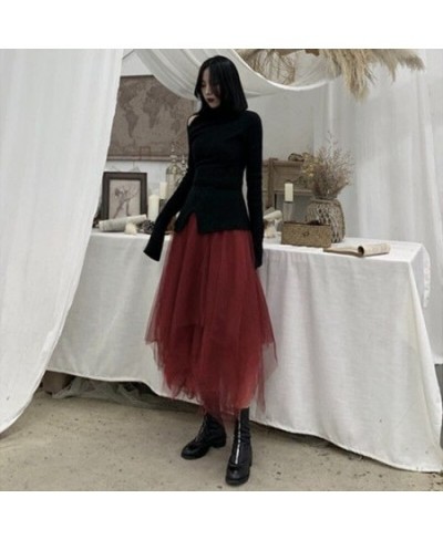 Gothic Tulle Skirts Vintage Punk Long Irregular Pleasted Streetwear Elastic High Waist A-Line Mesh Midi Skirts Fashion $33.54...