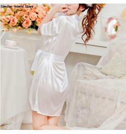 Deep V Neck Three Quarter Length Sleeve Women Satin Nightgown Sexy Lace Sleepwear Strap Ladies Silk Nightwear Lingerie Dress ...