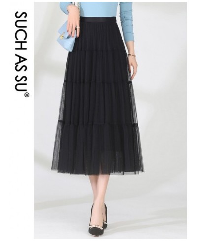 Korean Fashion 2023 Mesh Polyester Skirt Women Black Gray Coffee High Waist Ankle-Length Pleated Elastic Waist Skirts $52.16 ...