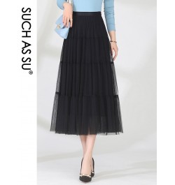 Korean Fashion 2023 Mesh Polyester Skirt Women Black Gray Coffee High Waist Ankle-Length Pleated Elastic Waist Skirts $52.16 ...