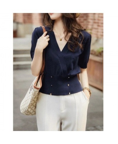 Blouses Women Summer Solid Simple 2 Colors Elegant V-neck Slim Office Lady Tops Clothing Design Soft Ulzzang Chic $29.82 - Wo...