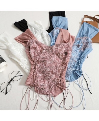 Summer Lace Camisole Crop Tops Girls Laced Up Fairy Flowers Camis Wrinkled Stretchy Back Tank Top $26.24 - Tops & Tees