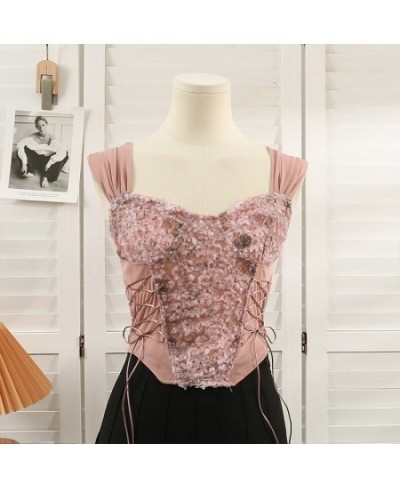 Summer Lace Camisole Crop Tops Girls Laced Up Fairy Flowers Camis Wrinkled Stretchy Back Tank Top $26.24 - Tops & Tees