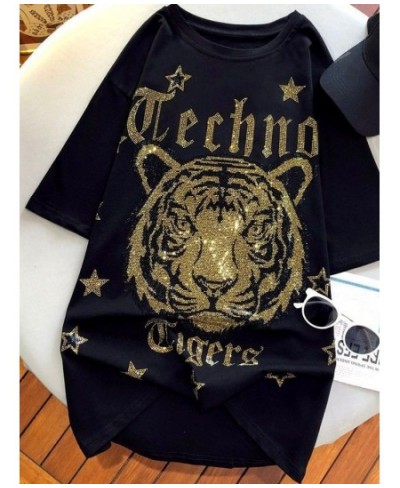 XL-4XL Rhinestone Tiger Luxury T-shirts Plus Size 150KG for Women Short Sleeve V-neck Loose Cotton Oversized Tunic Ladies $39...